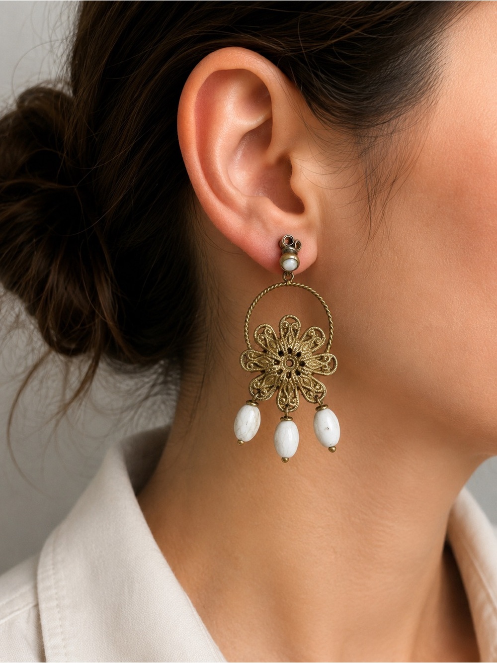 Gold Floral Filigree Hoop Earrings with White Bead Drops